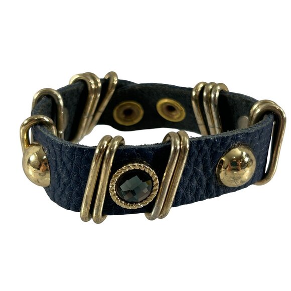 Vintage Star King Blue Leather Bracelet Gold Tone Hardware Snap Cuff Rhinestones - Picture 1 of 10